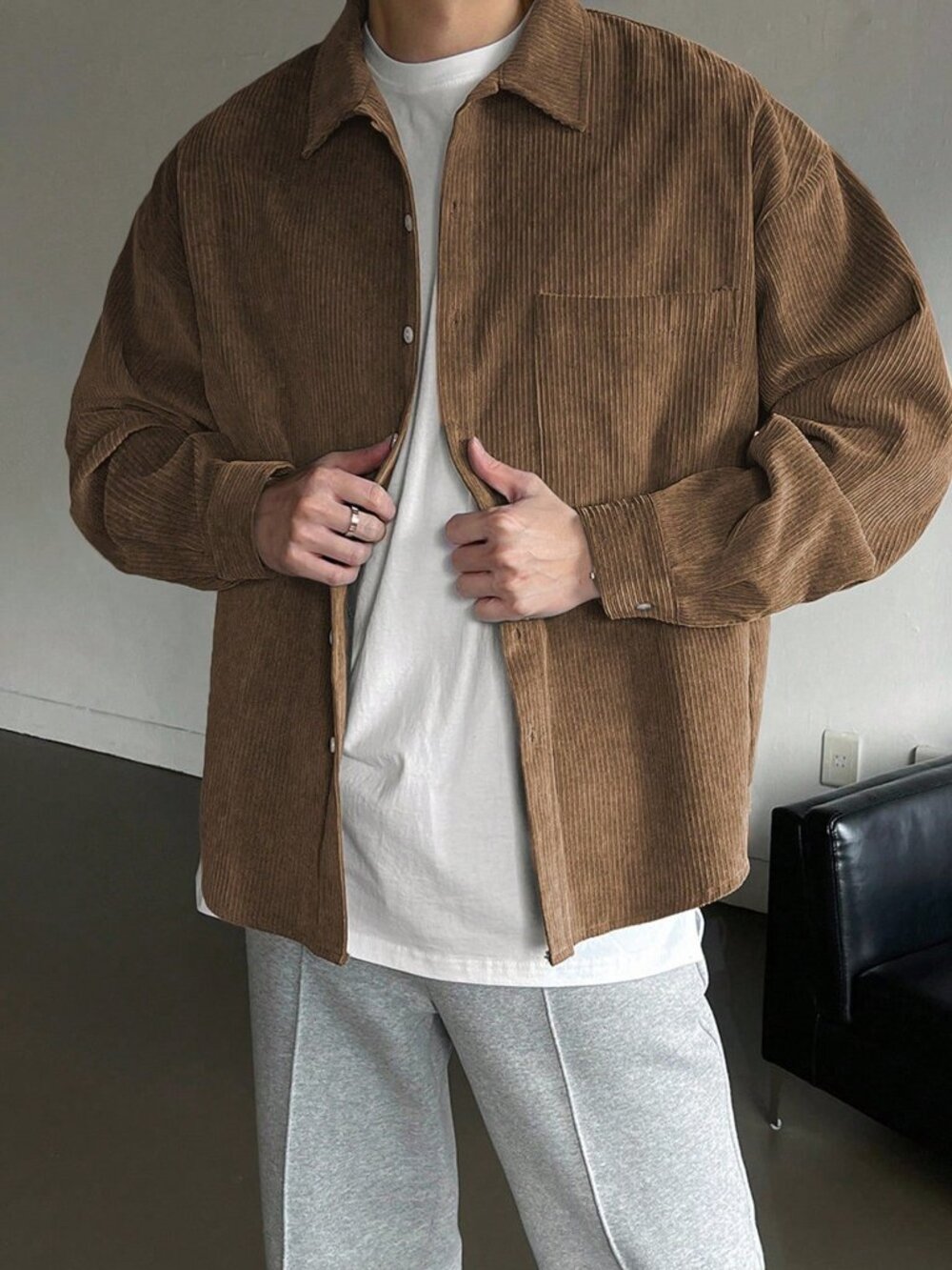 Khaki Boho Style Men's Corduroy Casual Shirt - Picture 3 of 5